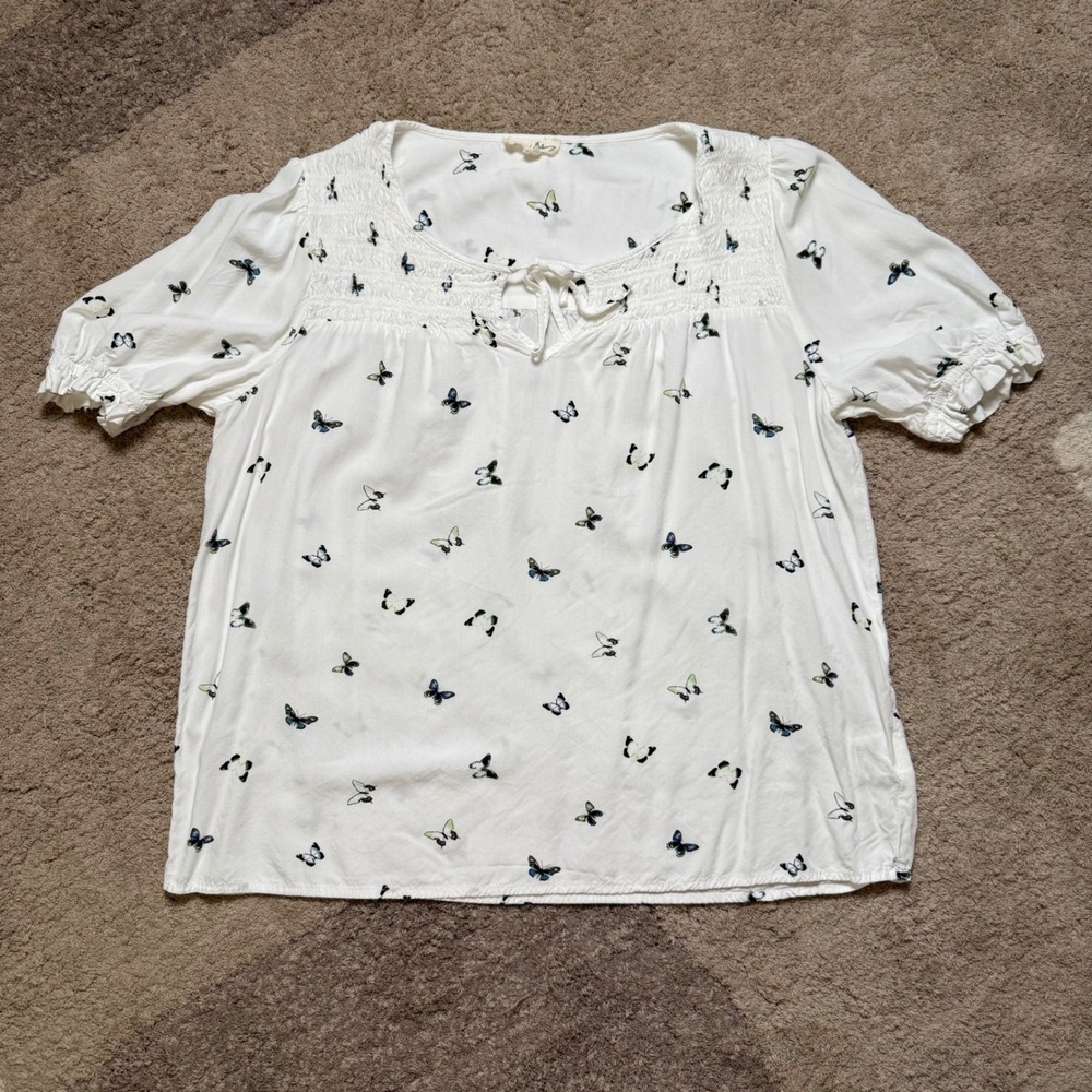 Jane and Delancey Womens White Butterfly Print Smocked Rayon Blouse Size L